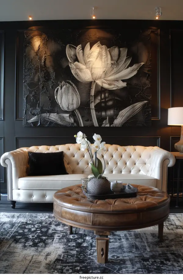 Black and White Flower Painting in a Chic Living Room