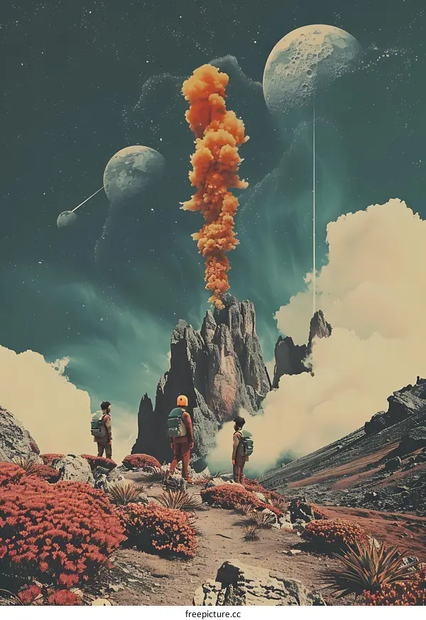 Three Hikers Witnessing a Mystical Space Event on a Surreal Landscape