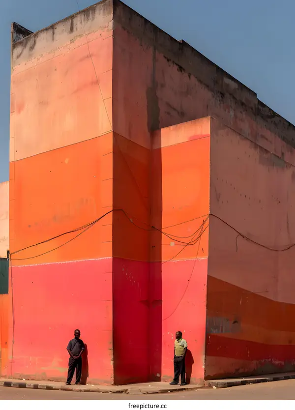 Two Men Standing in Front of a Multi Colored Building