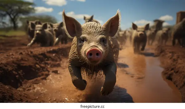 A cute piglet running in the mud