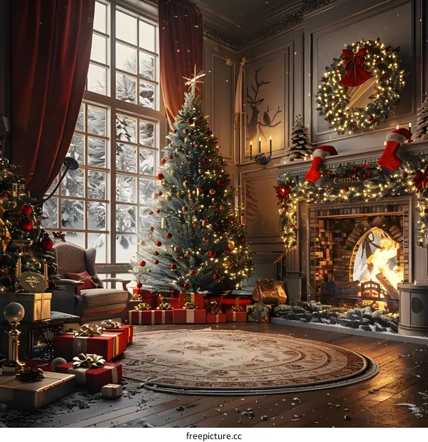Christmas tree by the fireplace