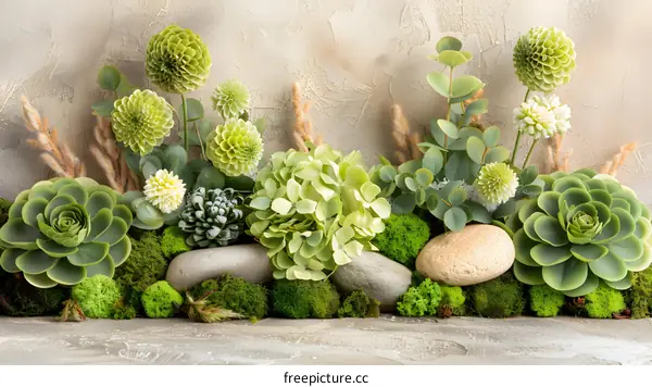 Green Succulents and Flowers Arrangement on a Stone Background