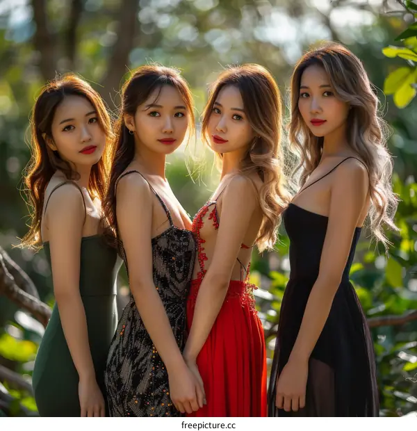 Four Asian women in evening gowns pose in a forest
