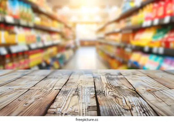 Wooden Table Top With Blurred Supermarket Aisle Background