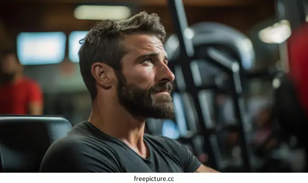 Handsome bearded man looking away while sitting in a gym