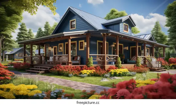 Cozy Blue Cabin with Colorful Flower Garden