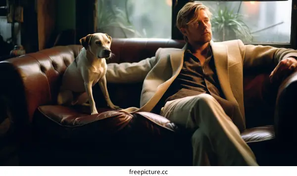 A man and his dog are sitting on a couch