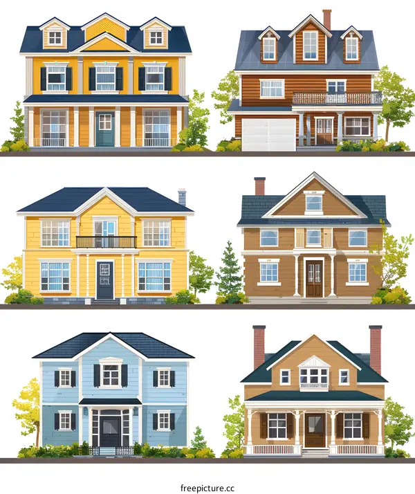 Set of Five Different Illustration Houses