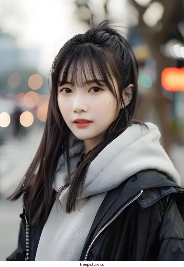 Portrait of a Young Asian Woman in a Black Jacket