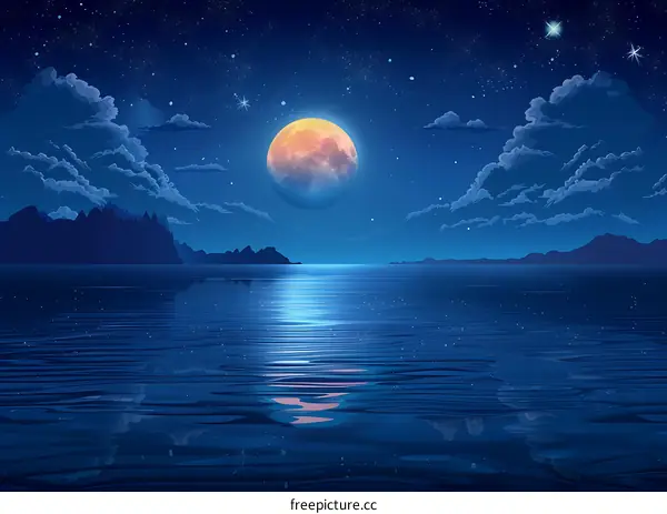 Night Sky with Full Moon and Stars Over Water