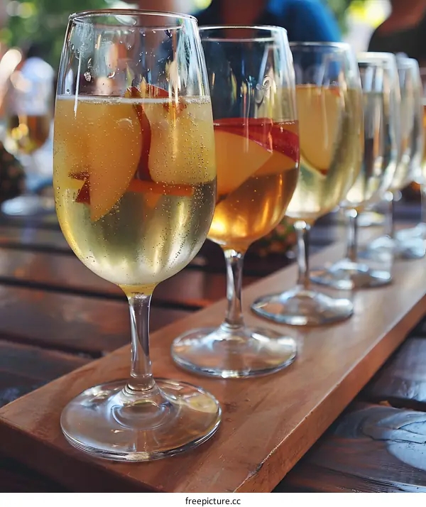 Apple Cider Tasting in a Row of Wine Glasses