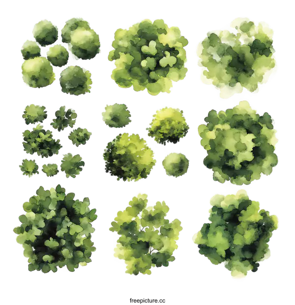 [Transparent Background PNG]Watercolor Illustration of Various Trees and Bushes Top View