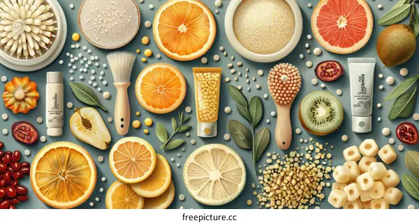 Still life of various fruits and beauty products