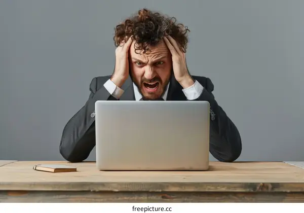 Bearded man in suit holding his head in front of laptop