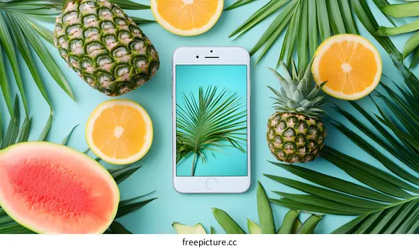 Summer Fruit and Palm Leaves Flat Lay with Phone