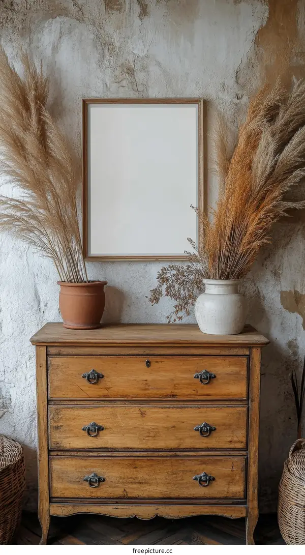 Rustic Wooden Chest with Pampas Grass and Blank Frame