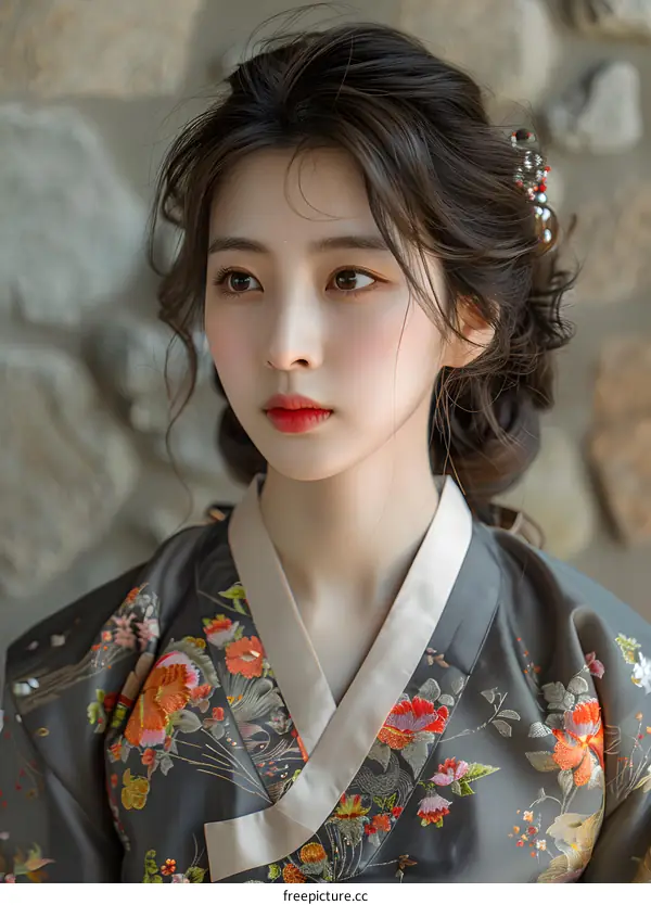 Portrait of a beautiful young woman in traditional Korean dress, or Hanbok