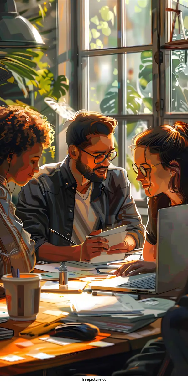 Three people in a meeting discussing ideas