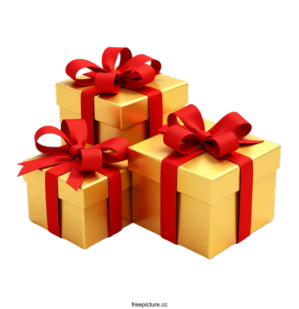 [Transparent Background PNG]Three Golden Gift Boxes with Red Ribbons