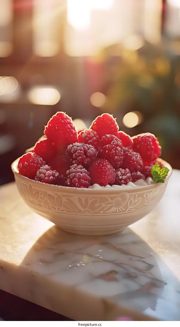 Raspberries with Cream in a Bowl