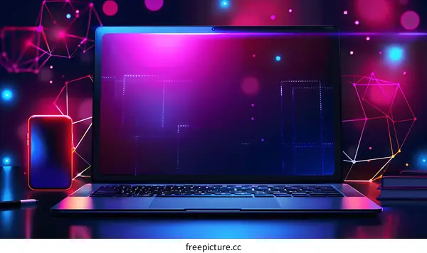 Laptop and Phone on a Desk in a Neon Glowing Room