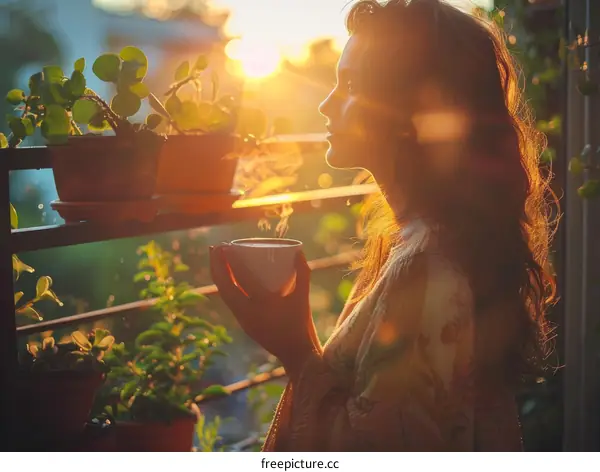 woman enjoying a cup of coffee in the morning sunlight