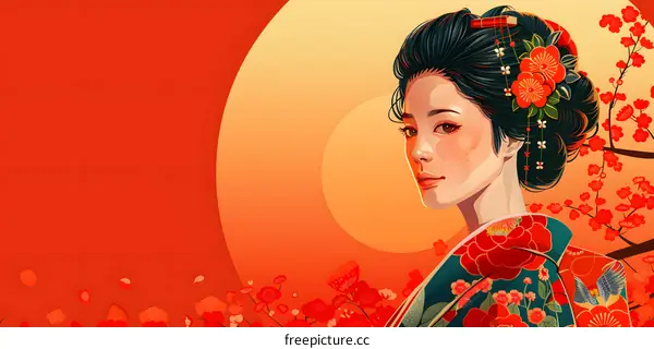 A beautiful Japanese woman in a kimono stands in a field of cherry blossoms.