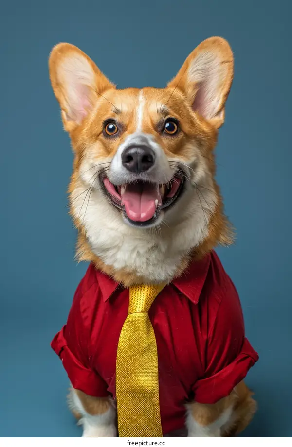 A cute corgi wearing a red shirt and yellow tie