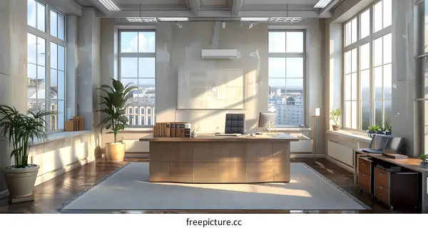 Office interior with large windows and a wooden desk