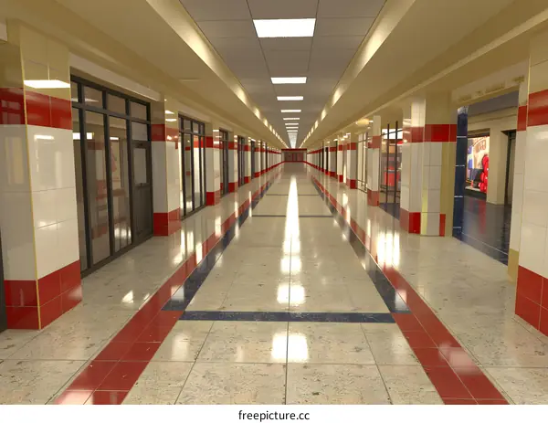 Empty Hallway with Red and White Tile Floor