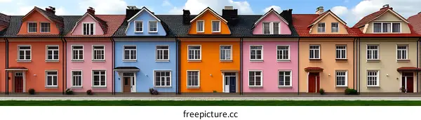 Colorful Townhouses Row under a Clear Sky
