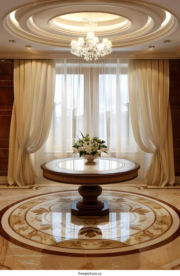 Luxury Interior Design with Circular Pattern Floor and Chandelier