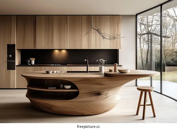 Modern Wooden Kitchen Island with Large Windows
