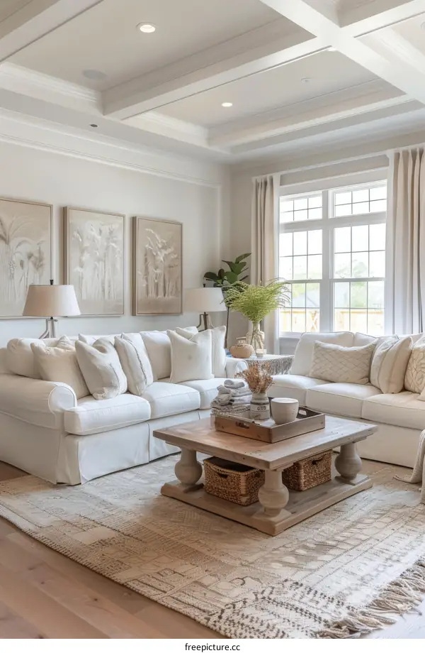 A bright and airy living room with white walls and furniture