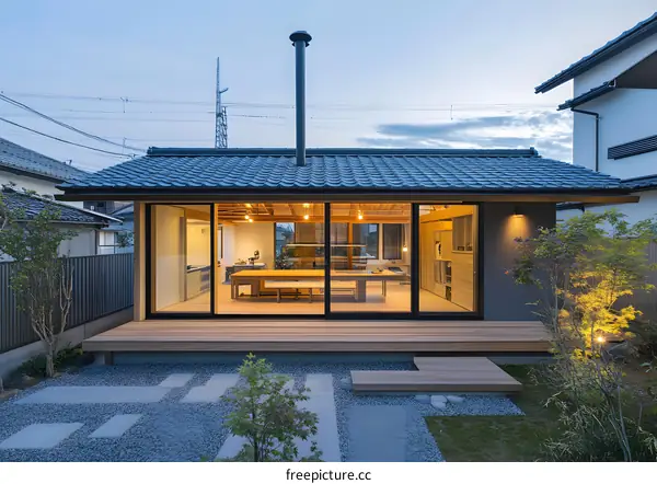 Modern Japanese Style House with Wooden Deck and Gravel Garden