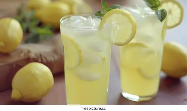 Two Glasses of Refreshing Lemonade with Lemon Slices and Mint