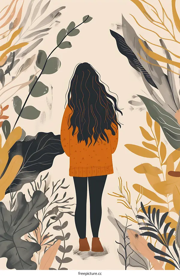 Woman Standing in a Garden of Leaves