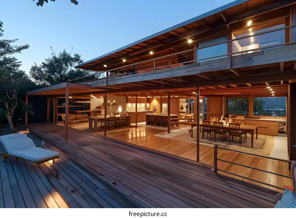 Modern Wooden House with Large Deck and Interior View