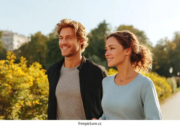 Couple Walking in Park Outdoor Portrait