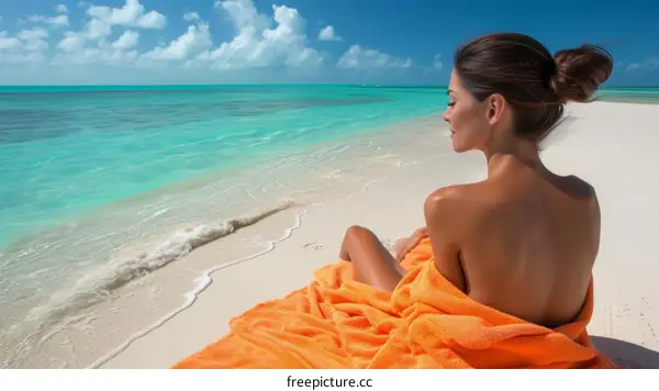 woman in orange towel relaxing on beach near blue ocean