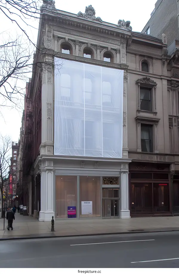 Facade of an Old Building Covered in White Plastic Sheeting on a Cloudy Day
