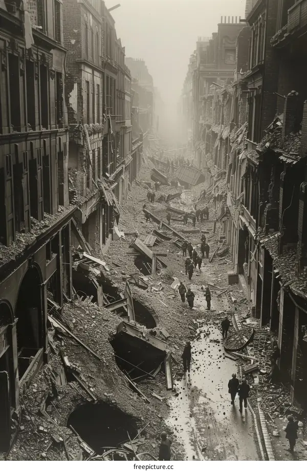 The aftermath of a German air raid on London during the Blitz, 1940.