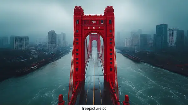 Red Bridge in a Cityscape Under a Cloudy Sky