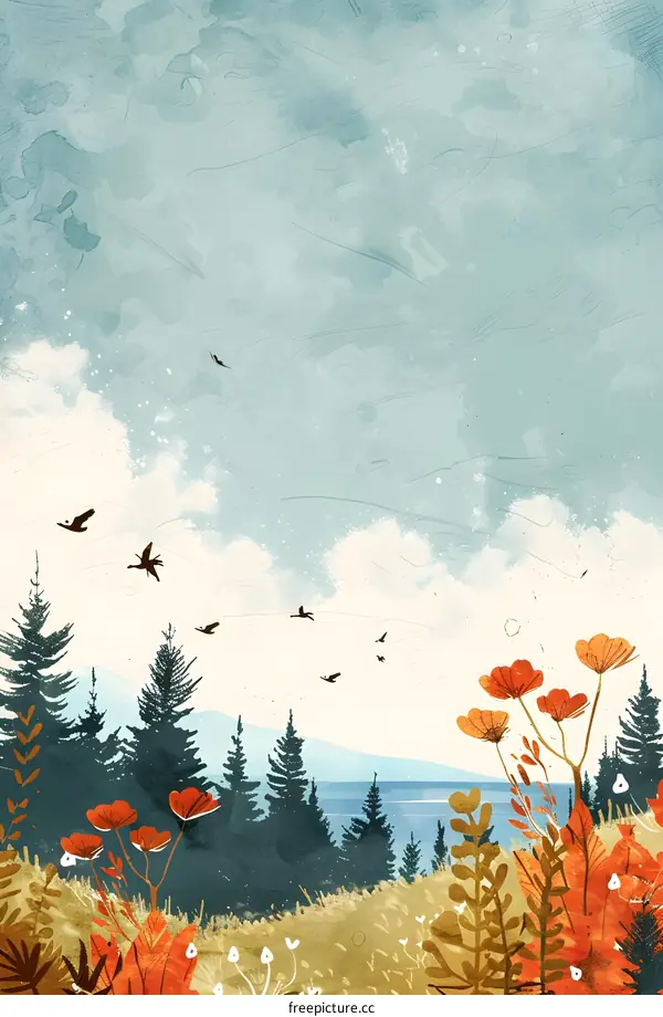 Watercolor Landscape with Birds and Flowers