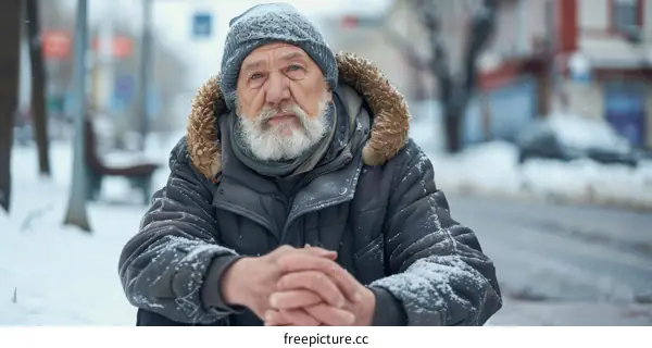 Portrait of a homeless senior man sitting on the snowy sidewalk