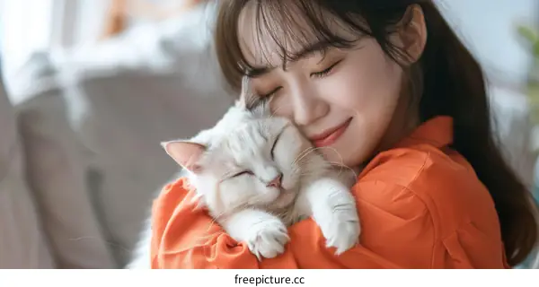 A young woman is hugging a white cat