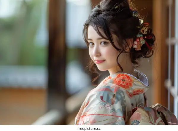 Portrait of a beautiful Japanese woman in traditional kimono