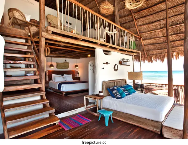 Beachfront Tropical Cabin with Wooden Stairs and Ocean Views