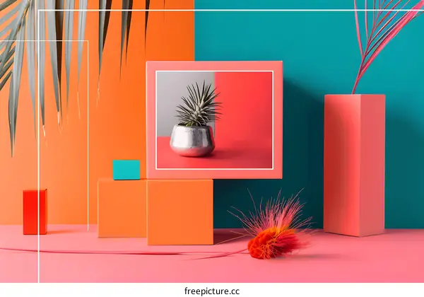 Colorful Minimalist Product Photography with Palm Leaves and a Plant in a Silver Pot