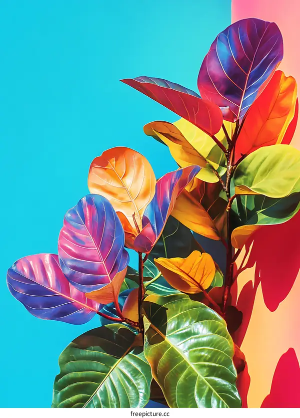Vibrant Green and Purple Leaves Against a Blue and Pink Background
